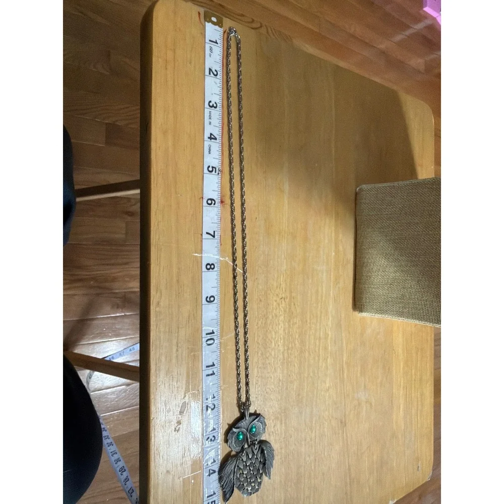 Vintage Articulated Owl Pendant Necklace Silver Tone Green Eyes Statement‎